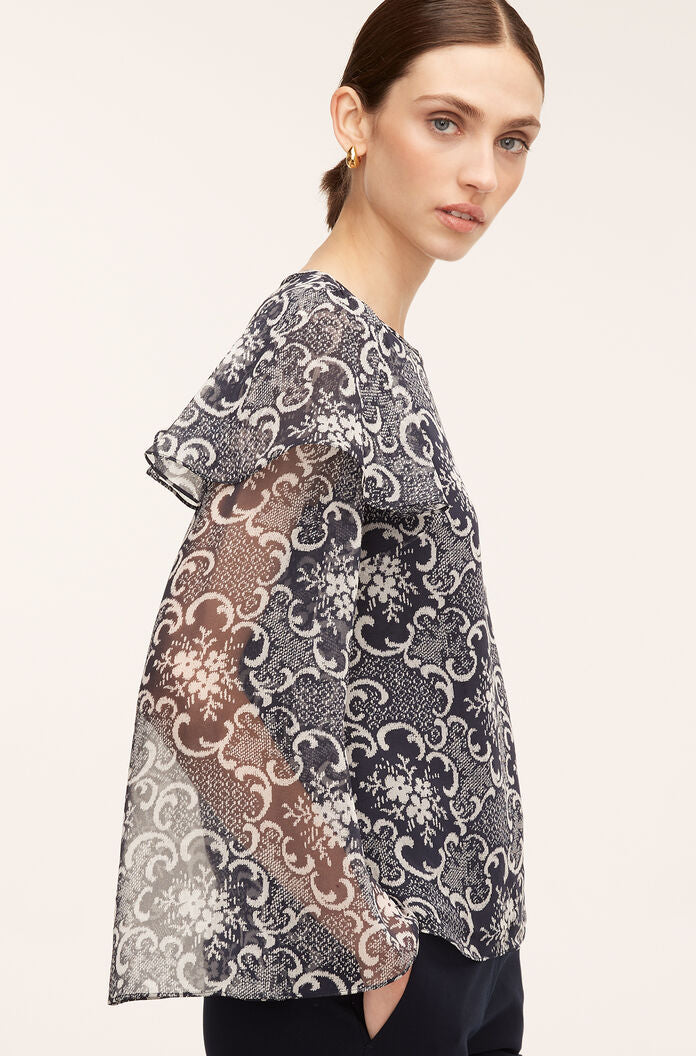  Rochelle Fleur Ruffle Silk Blouse in Rochelle Fleur Navy Combo by Rebecca Taylor