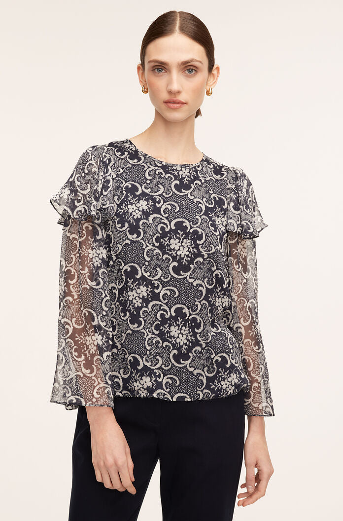  Rochelle Fleur Ruffle Silk Blouse in Rochelle Fleur Navy Combo by Rebecca Taylor