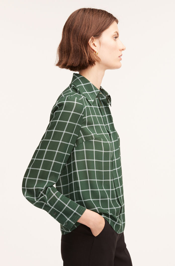  Windowpane Silk Pleated Blouse in Windowpane Jasper Green Combo by Rebecca Taylor