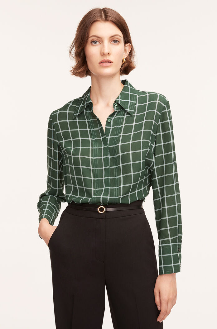  Windowpane Silk Pleated Blouse in Windowpane Jasper Green Combo by Rebecca Taylor