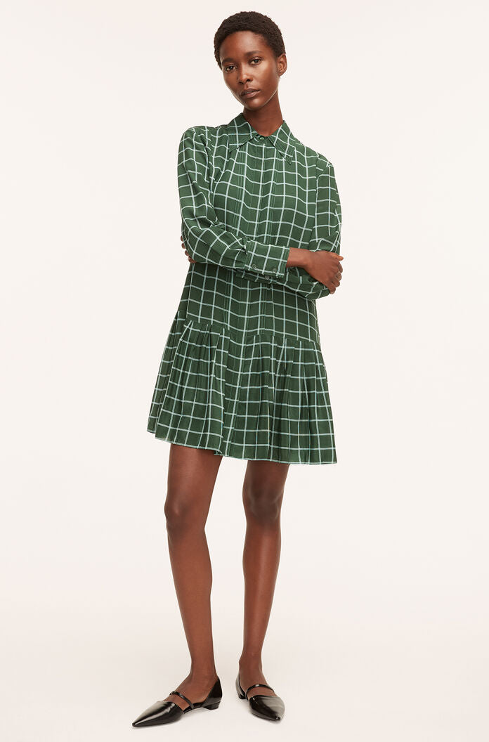  Windowpane Silk Pleated Shirt Dress in Windowpane Jasper Green Combo by Rebecca Taylor