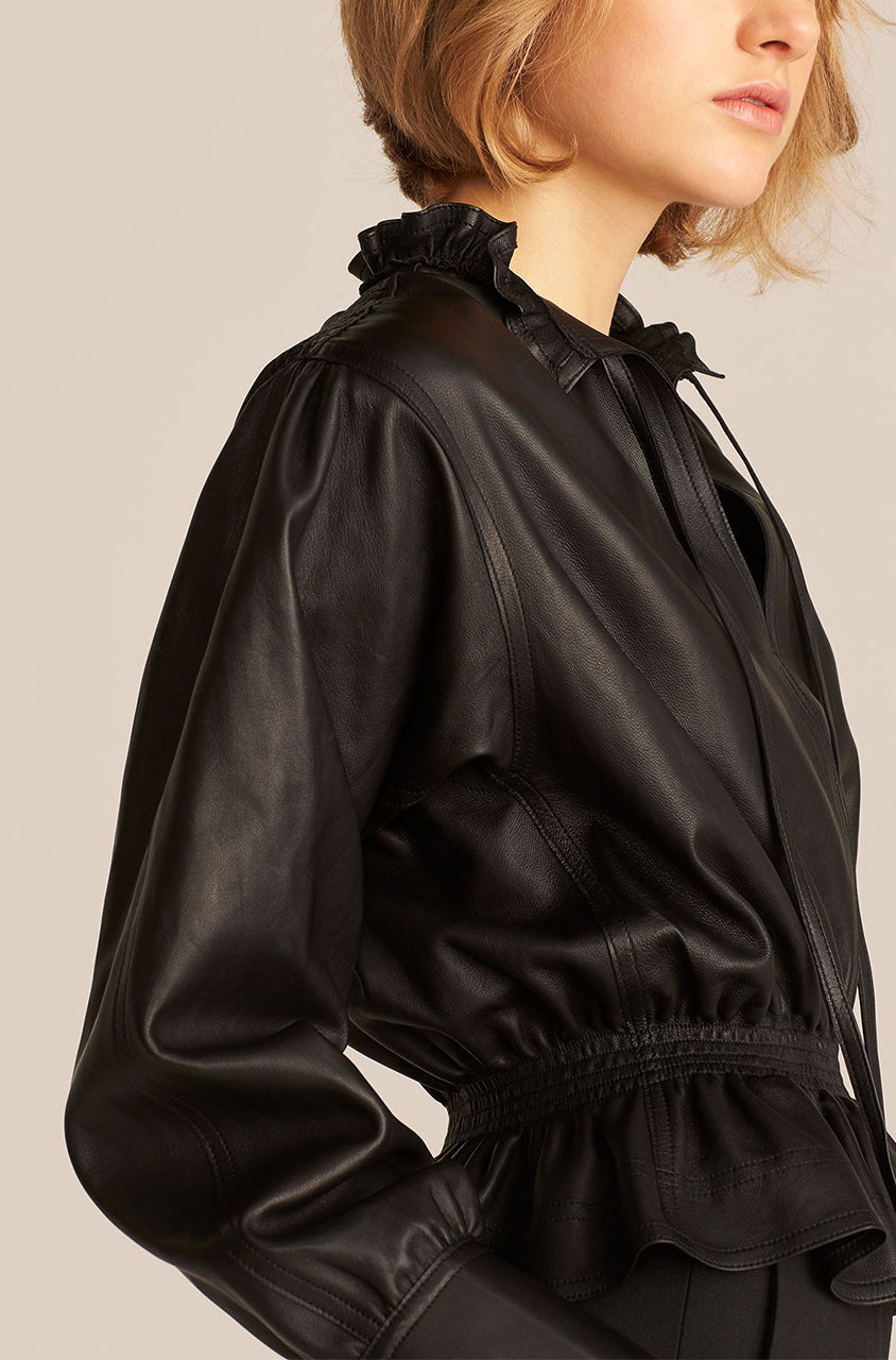 Black Smocked Waist Leather Blouse Glove Leather Blouse in Black by Rebecca Taylor
